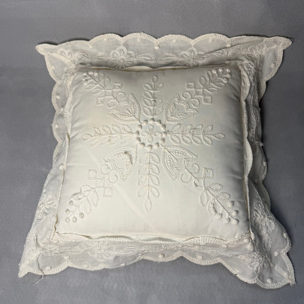 Vintage Embroidered Cream Throw Pillow Scalloped Lace Trim Cottagecore 12x12